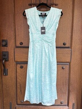DKNY Mint Green Floral V-Neck Ruched Midi Dress Size 0